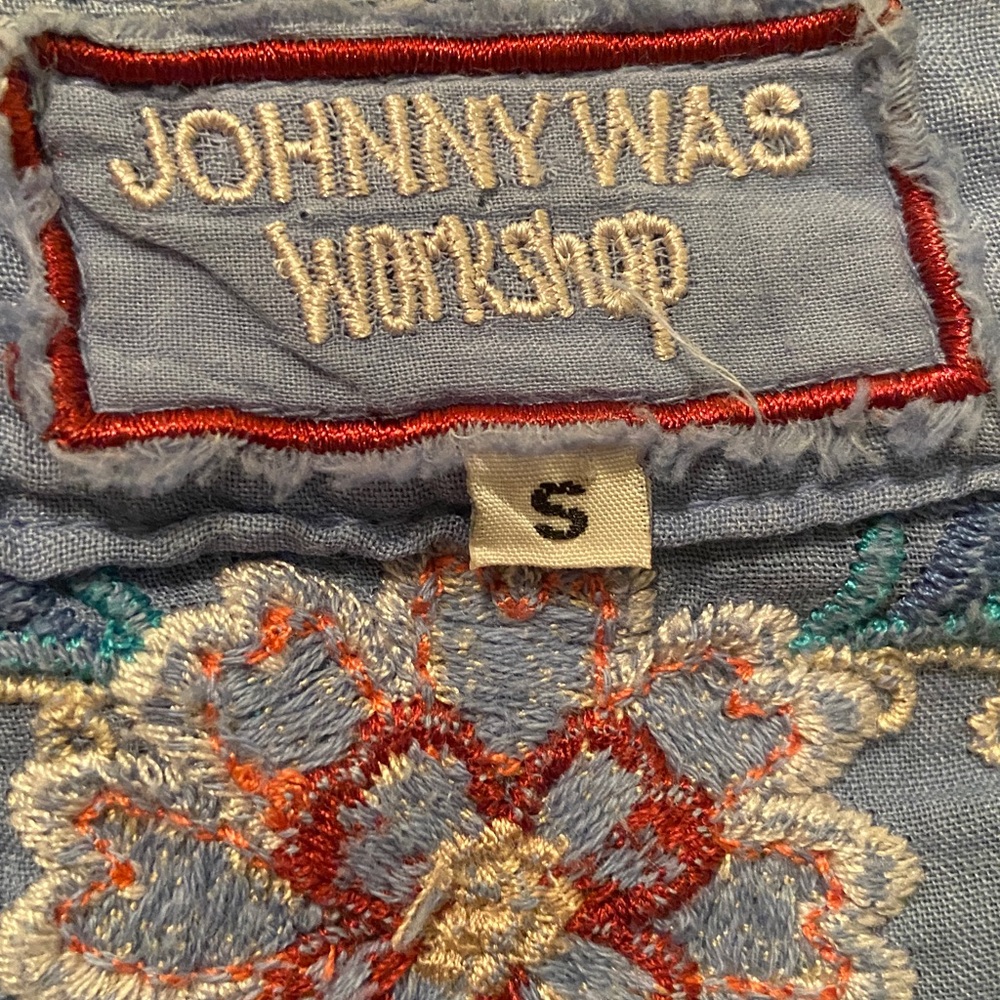 Johnny Was Oman Laceup Swing Blouse Embroidered Blue v neck small Top - Picture 4 of 13